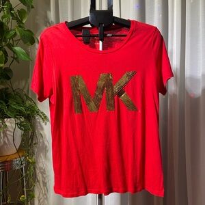Michael Kors Vibrant Red Tee with Gold MK Logo Scoop Neck Short Sleeve Top Sz XL